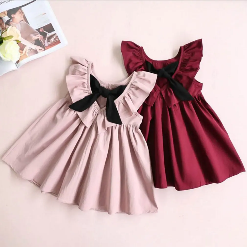 

Fashionable Baby Kid Girls Sleeveless One Piece Dress Solid Color Backless Bowknot Tutu Dresses Summer Wear Dress