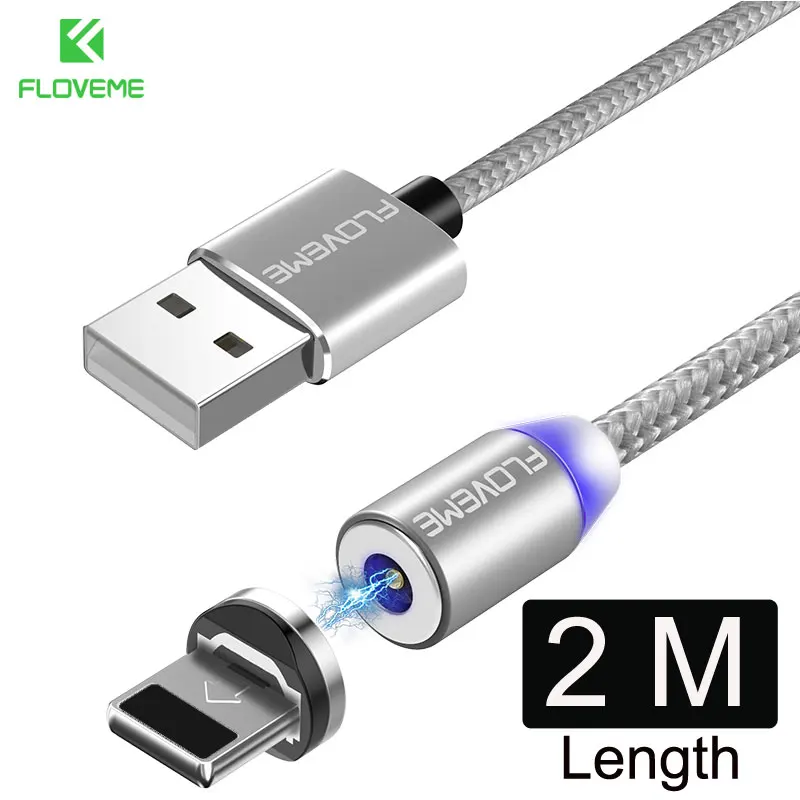 FLOVEME 1 м светодио дный Магнитная USB кабель Micro USB/Тип C/для Apple iPhone X XS Max магнитное зарядное устройство, кабель для samsung Xiaomi LG Кабо зарядное устройство usb кабель магнитная зарядка кабель - Цвет: 2 M Silver