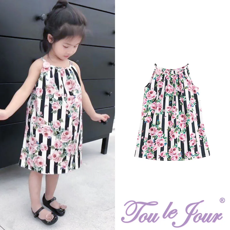 

Brand girls dress Girls' Clothing Hot Sale Romantic Rose Fashion Stripe Print Shoulder Strap Hand Strap