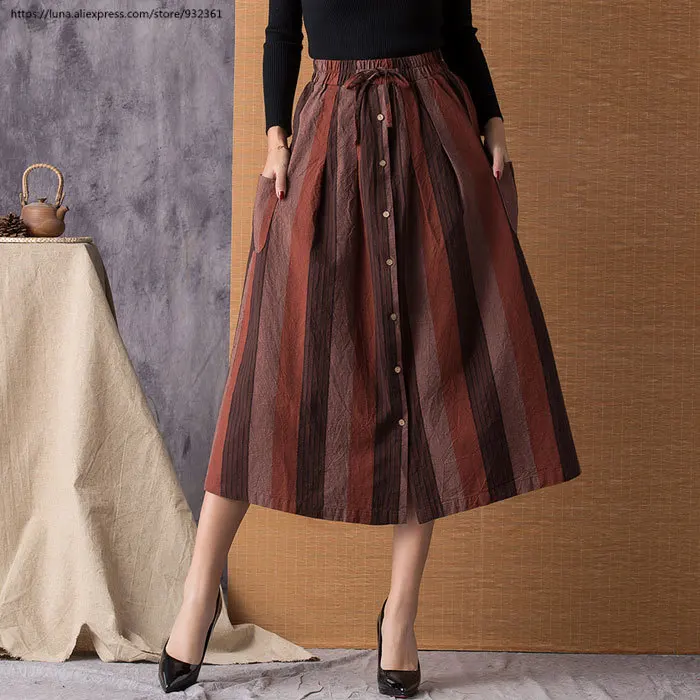 

Women Retro Stripe Long skirt summer button Fly Skirts womens falda mujer