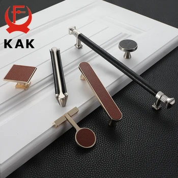 KAK Vintage Leather Cabinet Knobs and Handles Wardrobe Kitchen Cupboard Door Pulls European Zinc Alloy Furniture Handle Hardware