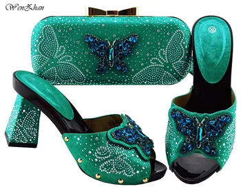

Latest Teal African Shoes And Bag Set For Party High Quality Italian Shoes And Bags To Match Women With Butterfly B811-24