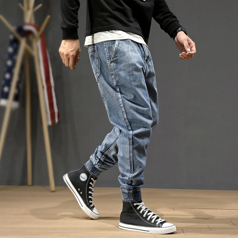 Модные уличные мужские джинсы синего цвета свободного кроя с сращенными дизайнерскими Шароварами, размер 28-42, мужские джинсы в стиле