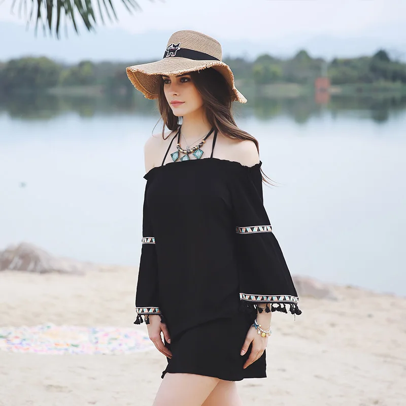

Brand new Beach Strapless shoulder top coat women Sunscreen Bikini shawl Solid color women Cover Up Swimsuit 2019