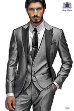 Fashionable One Button Silver Gray Groom Tuxedos Groomsmen Men’s Wedding Prom Suits Bridegroom (Jacket+Pants+Vest+Tie) K:780