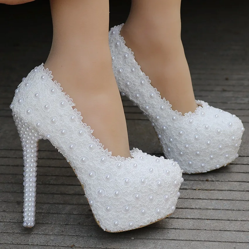 

Women Pumps Shoes Lace Pearl Appliques Shoes +10cm Thin High Heels Platform Round Toe Slip-On Wedding Female Shoes Plus Size