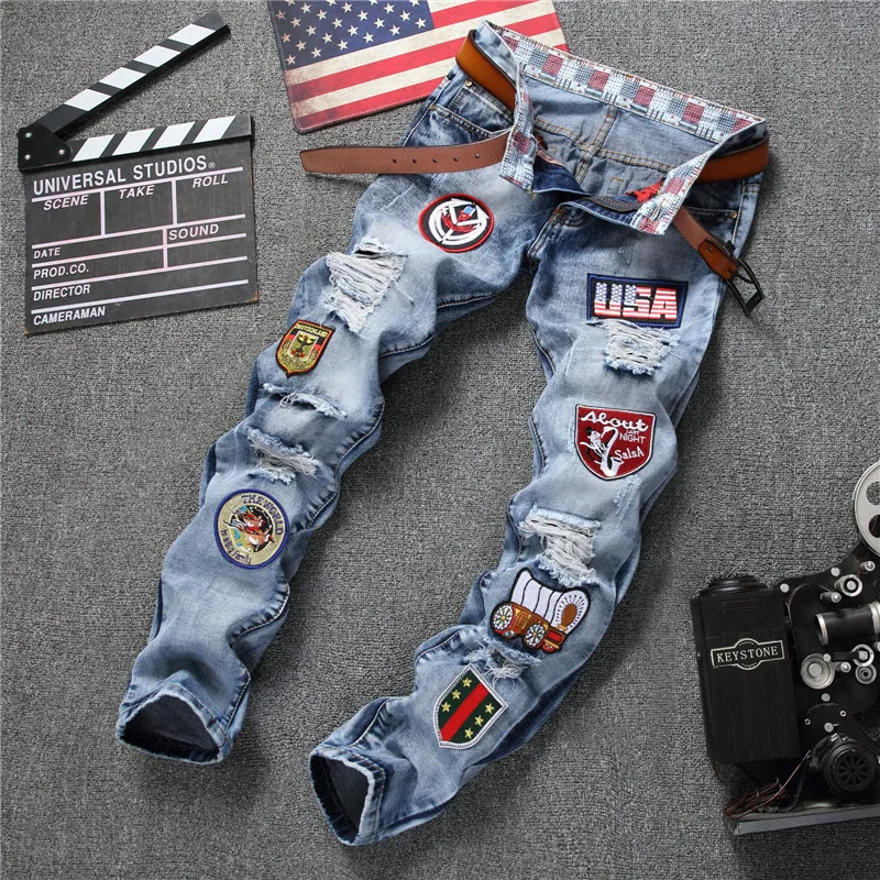 

2017 Fashion Vintage Men's Ripped Jeans Pants Slim Fit Distressed Hip Hop Denim Joggers Male Novelty Streetwear Jean Trousers