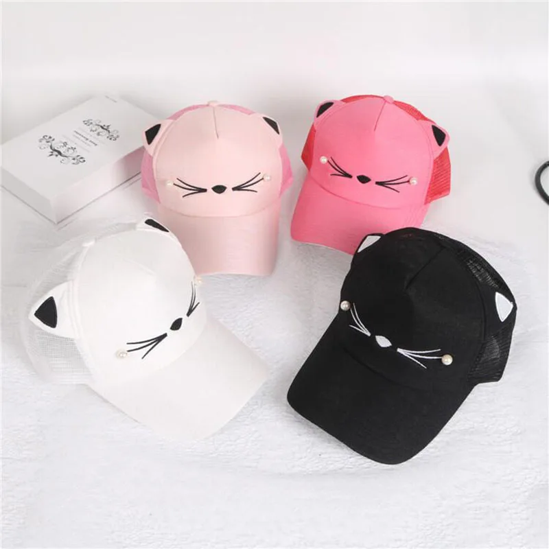 summer brand children net cap adjustable cute embroidered hat cat ears snapback cap boy hip hop hat girl pearl baseball