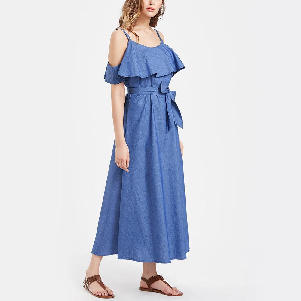 Fashion Women Summer jean Dress Ruffle Spaghetti Strap Open Shoulder Long Slim Denim Dress Fashion Women Summer jean Dress Ruffle Spaghetti Strap Open Shoulder Long Slim Denim Dress
