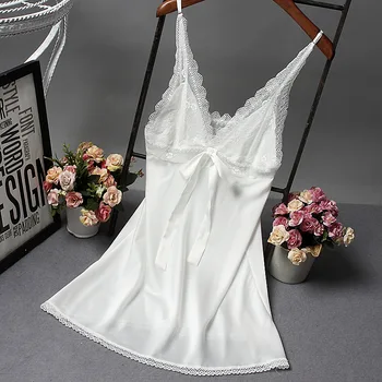 

Ladies Sexy Ice Silk Sleepwear Satin Nightgown V-neck Nightdress Slip Nighties Summer Night Dress Lace Trim Flower Nightgowns