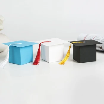 

100pcs White/Black/Black Doctor Hat Gift Box Graduation Candy Favor Boxes With Tassel Decoration Gifts Packaging Bags 6x6x6cm