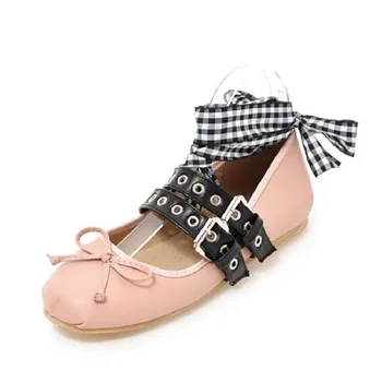 

Fashion New Sweet Womens Round Toe Vogue Flats Buckle Cross Strap Mary Jane Girls Ballet Flats Shoes Plus Size Punk Flat Shoes