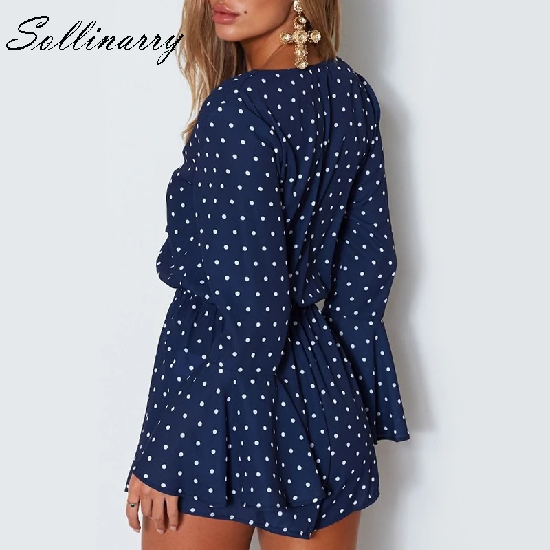 Sollinarry Polka Dot V Neck Sexy Women Playsuit Flare Sleeve Lace up Ruffle Girl Boho Jumpsuits Casual Elastic Waist Rompers Sollinarry Polka Dot V Neck Sexy Women Playsuit Flare Sleeve Lace up Ruffle Girl Boho Jumpsuits Casual Elastic Waist Rompers