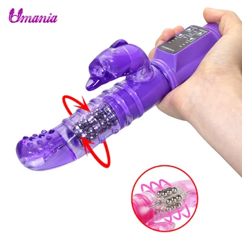 G Spot Dildo Rabbit Vibrator Masturbator Rechargeable Rotation 12 Speeds Double Vibrating Vagina Vibe Adult Sex Toys for Women 1