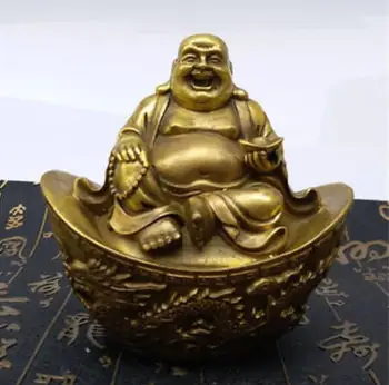 

10cm Chinese Copper Wealth YuanBao Happy Laugh Maitreya Buddha Dragon Phoenix Statue