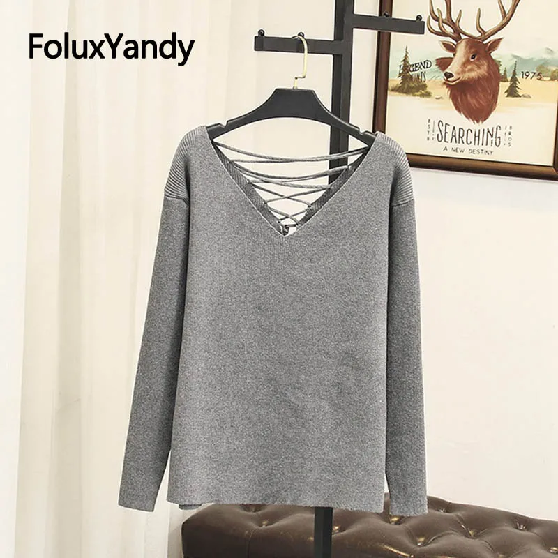 Backless Sweater Women Pullovers Plus Size High Street Solid Long Sleeve Slim Knitted Sweater Gray Black SWM1229 Backless Sweater Women Pullovers Plus Size High Street Solid Long Sleeve Slim Knitted Sweater Gray Black SWM1229