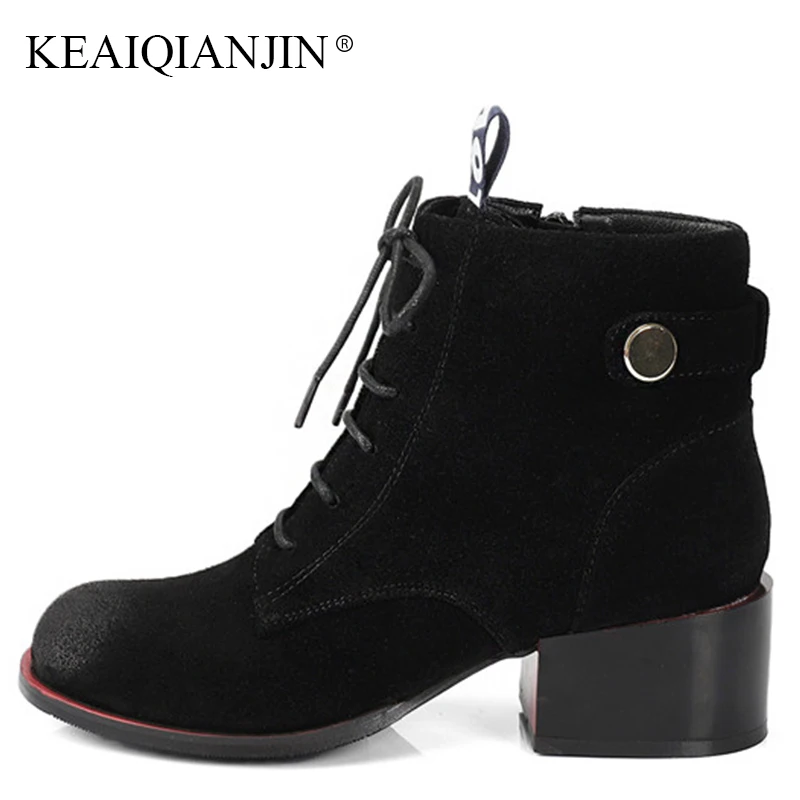 

KEAIQIANJIN Woman Lace Up Martin Boots Plus Size 33 41 43 Autumn Winte Black High Heeled Shoes Genuine Leather Rivet Ankle Boots