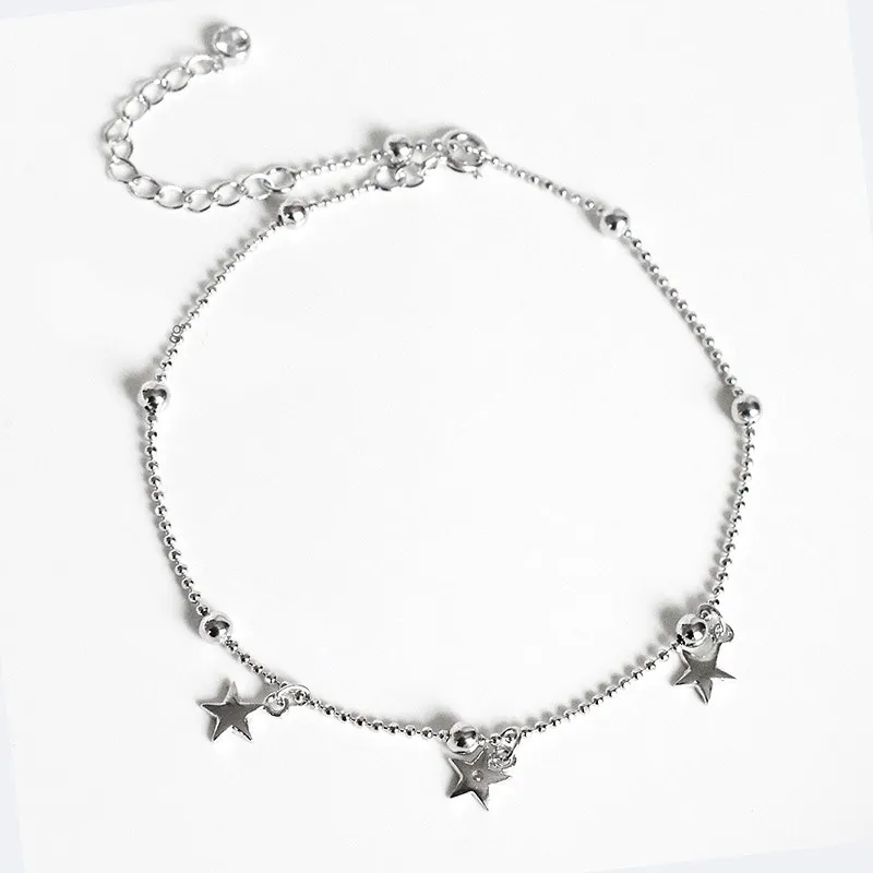 

925 Sterling Silver Anklets for Women Beads Leg Chain Ankle Bracelet Star Tassel Anklet Foot Jewelry Barefoot Sandal Accessories