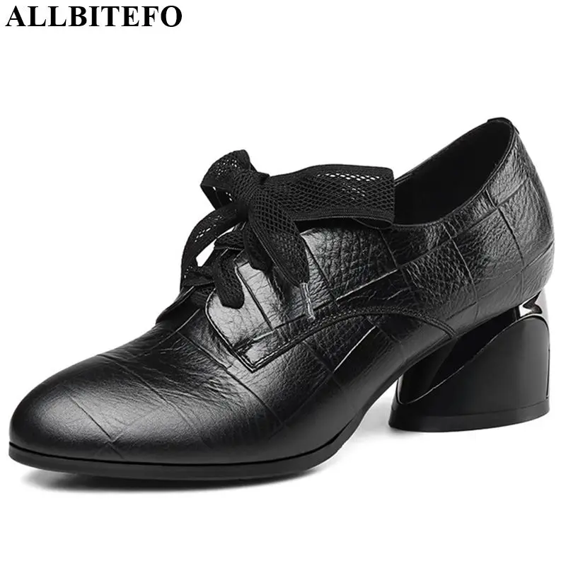 

ALLBITEFO natural lace up genuine leather casual comfortable ladies women heels high heel shoes new spring autumn high heels