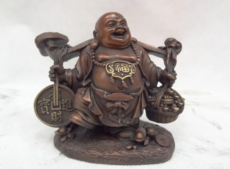 

song voge gem S4739 China Pure Bronze RuYi Wealth YuanBao Coin Happy Laughing Maitreya Buddha Statue