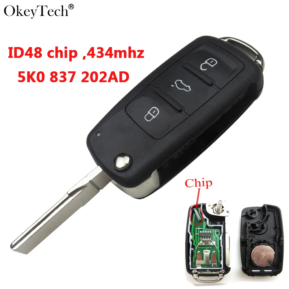 Дистанционный ключ Okeytech 434 МГц чип ID48 5K0837202AD 3 кнопки для VW Volkswagen GOLF PASSAT Tiguan Polo Jetta