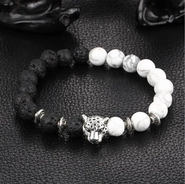 

BPPCCR weathering Lava stone 8mm Hand string prayer beads silver Bracelets Leopard lion head Crystal Elasticity Bracelet