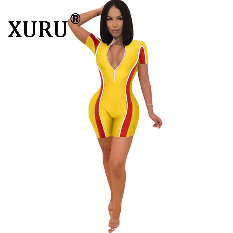 

XURU summer new sexy jumpsuit V-neck tight short-sleeved stitching jumpsuit even
