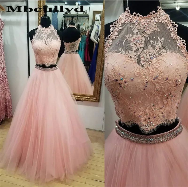 

Mbcullyd Women's Two Pieces Prom Dresses Long 2019 Sexy Halter Neck Tulle Evening Dress With Lace Applique Vestidos De Gala