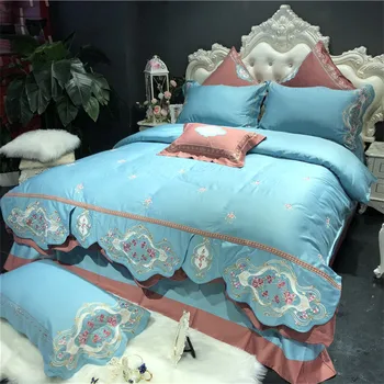 

Blue Red Luxury 100S/1000TC Egyptian Cotton Rose Embroidery European Palace Bedding Set Duvet Cover Bed sheet/Linen Pillowcases