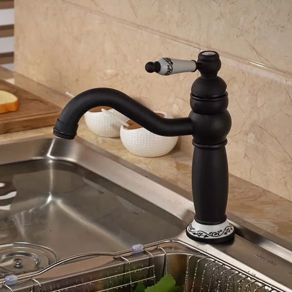 

Oil Rubbed Bronze Kitchen Faucet Swivel Spout Ceramic Style Vessel Sink Mixer Tap