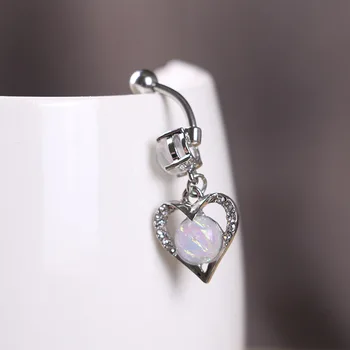 

Love Heart opal belly button rings Bar Silver Plated Surgical Piercing Sexy Body Jewelry for women CZ navel piercing