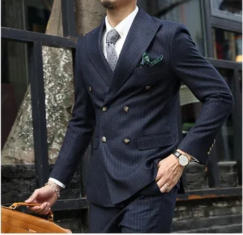 2017 New Stripe Men Suits in Dark Navy Color Mens Striped Suits Double Breasted Men Suits With Ticket Pocket (Jacket+Pants+Tie) 2017 New Stripe Men Suits in Dark Navy Color Mens Striped Suits Double Breasted Men Suits With Ticket Pocket (Jacket+Pants+Tie)