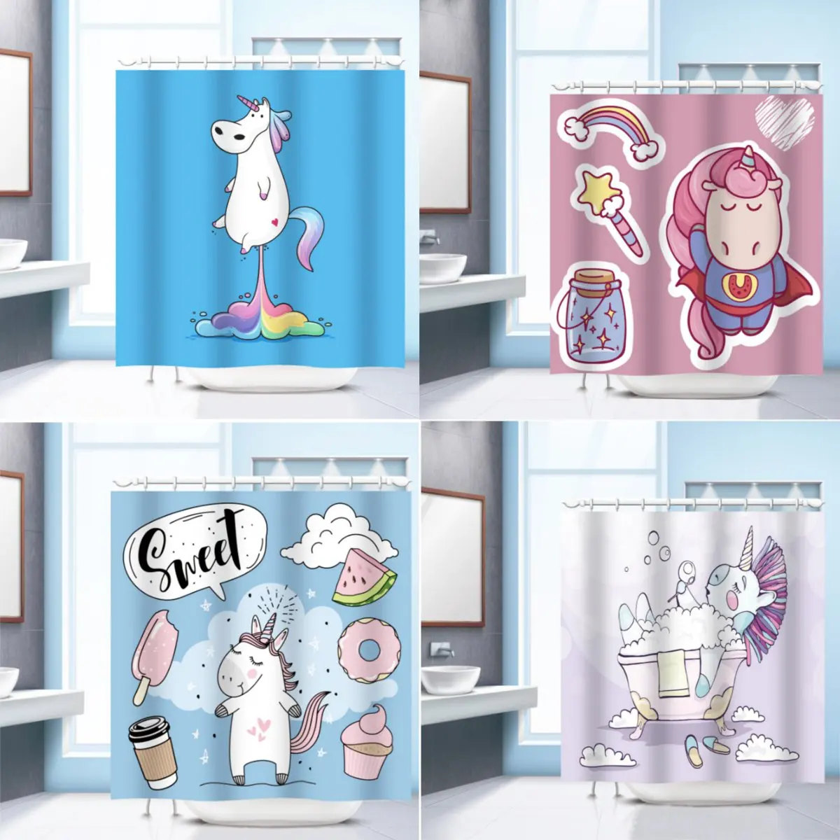 

180*180CM Polyester Waterproof Bathroom Decor Shower Curtain Hooks Cartoon
