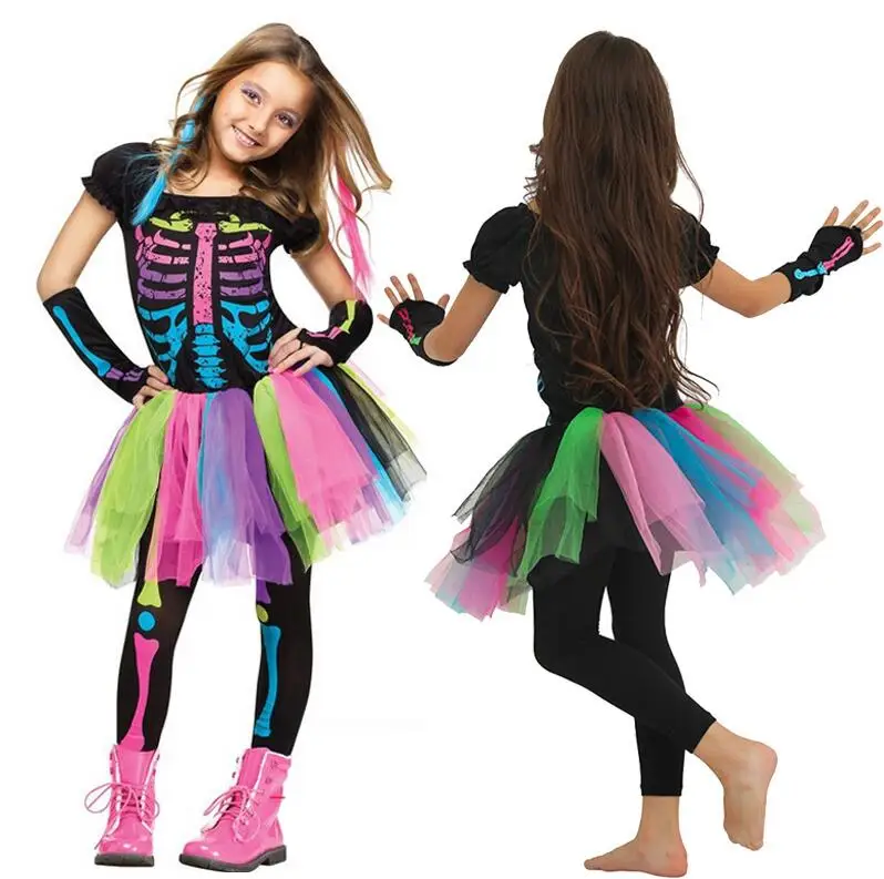 

Skeleton Halloween Costume For Girls Kids Funky Punky Bones Costume Baby Child Rainbow Skull Cosplay Tutu Fancy Dress Costume