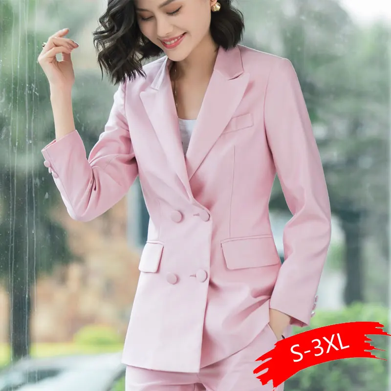 New Office Work Blazer Suits Of High Quality OL Women Pants Suit Blazers Jackets With Trouser Two Pieces Set Red Pink Blue