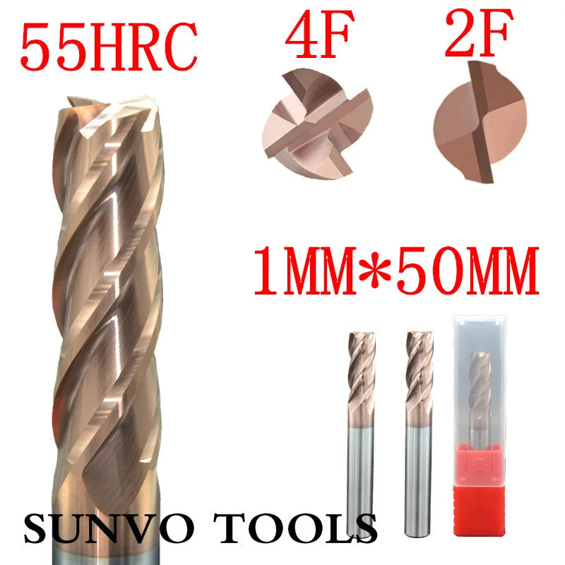 

End Mill set 2F or 4 flutes 1x50MM 1MM HRC45 HRC50 HRC55 HRC60 HRC65 Tungsten Carbide Square Flat End Mills Spiral Bits