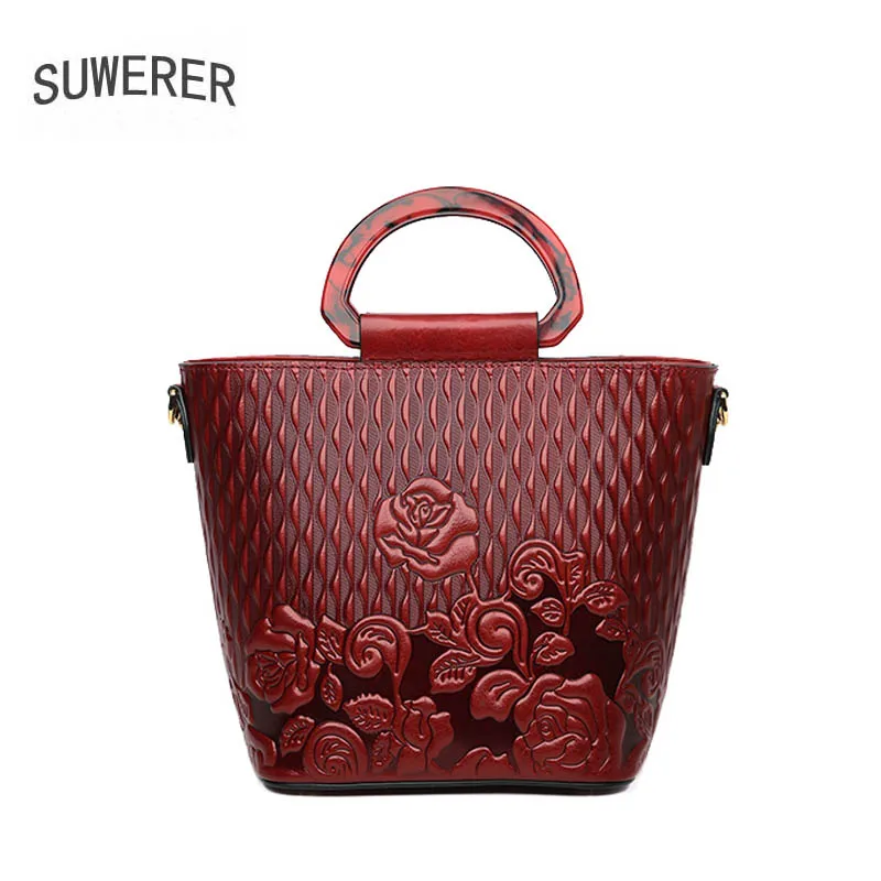 

SUWERER 2019 new Genuine Leather women bags top Cowhide Embossed Flowers luxury handbags designer tote women leather handbags