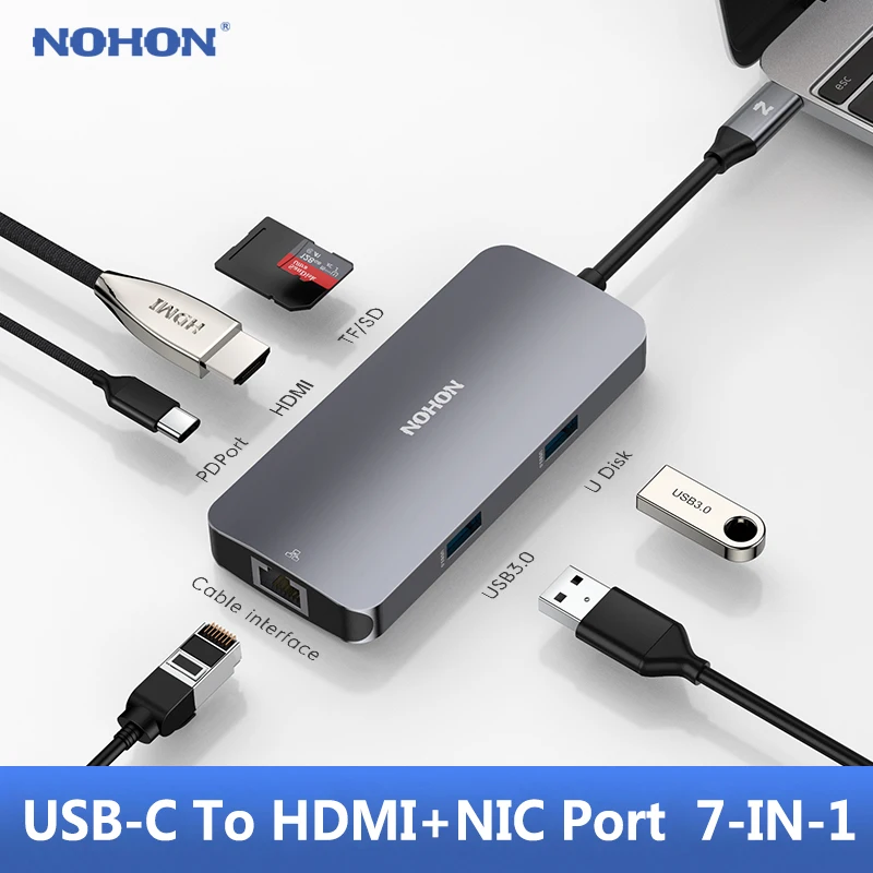 NOHON USB 3,0 концентратор USB C концентратор HDMI адаптер Ethernet для huawei mate 20 MacBook Pro USB-C концентратор 7 портов USB разветвитель SD PD кардридер