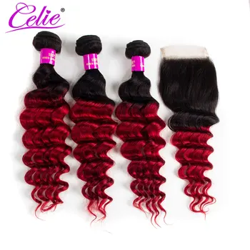 

Celie Human Hair Loose Deep Ombre1B Red Bundles With Closure Colored Brazilian Hair Weave Bundles With Closure