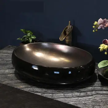 

oval black with gold Ceramic porcelain basin washbasin Jingdezhen Art countertop Bathroom sinks