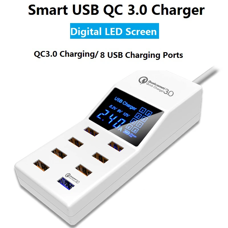 QC 3.0 Smart USB Charger LED Display Multi Port Fast Charge Phone Tablet PC Desktop Socket Strip Power Adapter 8 Ports