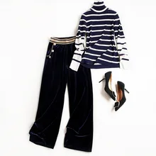 High quality 2018 new brand runway women sprint 2 piece pans suits elastic turtleneck knit shirt
