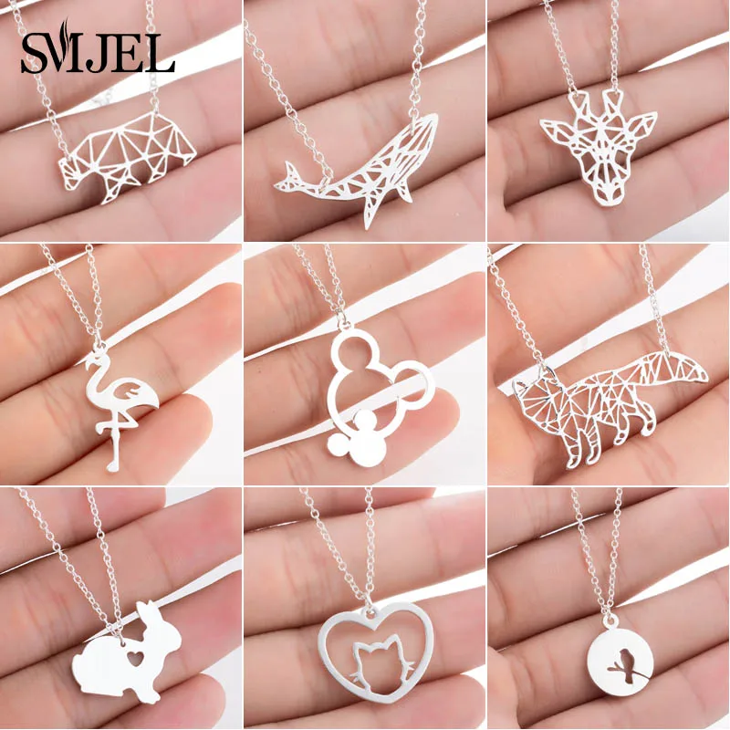 

SMJEL Bohemia Origami Mickey Necklace Women Jewelry Geometric Animal Cat Bear Necklace Pendants Collares Gift Collier