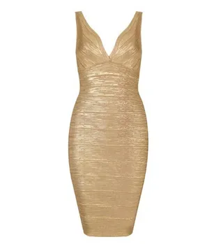 

Party Dresses Pregnant Women Golden Deep V Neck Sexy Bandage Dress H759