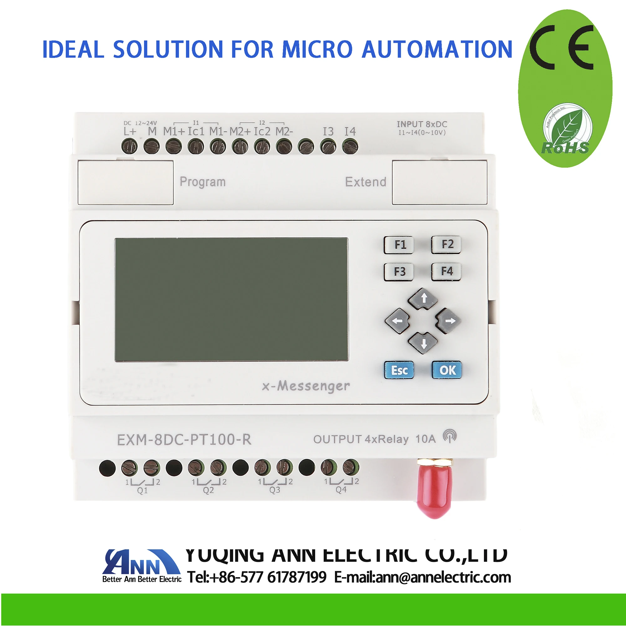 EXM-8DC-PT100-R-HMI with LCDProgrammable logic controllerVoltage: DC12-24V，Input: 2 digital + 2 Channels PT100 Output: 4 r