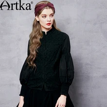 ARTKA Женская однотонная кружевная шифоновая блузка в стиле пэчворк винтажная рубашка со стоячим воротником и рукавами-фонариками подходит ко всему SA10662Q