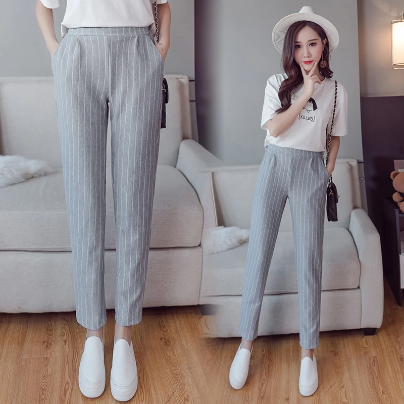 

spring and summer women's slim pants elastic waist stripes Casual style pants work wear trousers harem pants female dropshipping