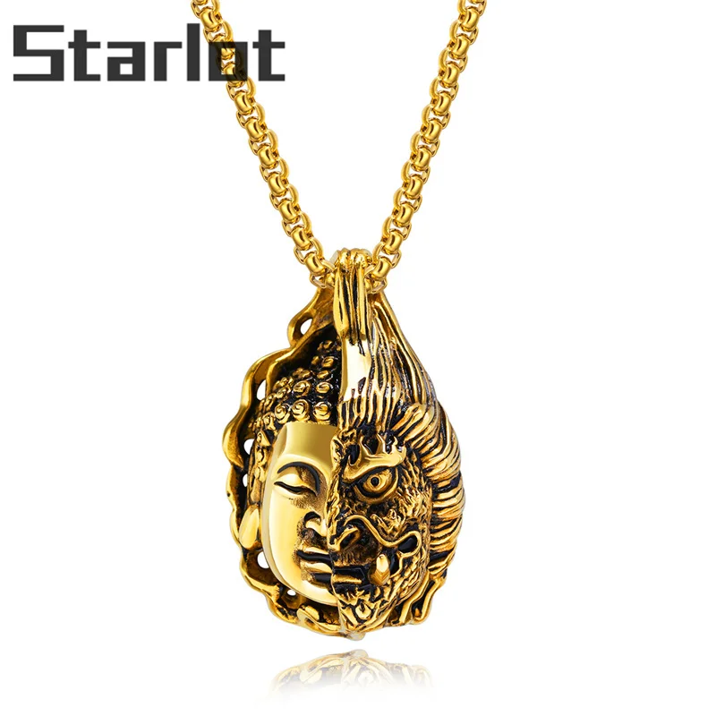 New Designs Box-chain Jewelry Good And Evil Buddha Statue Ghost Pendant Necklace For Men Stainless Steel Male Accessory | Украшения и