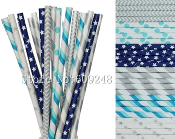 

150pcs Drinking Paper Straws Mix,Silver Striped,Chevron and Star,Navy Star,Aqua Polka Dot,Blue Light Blue Stripe,Gender Reveal