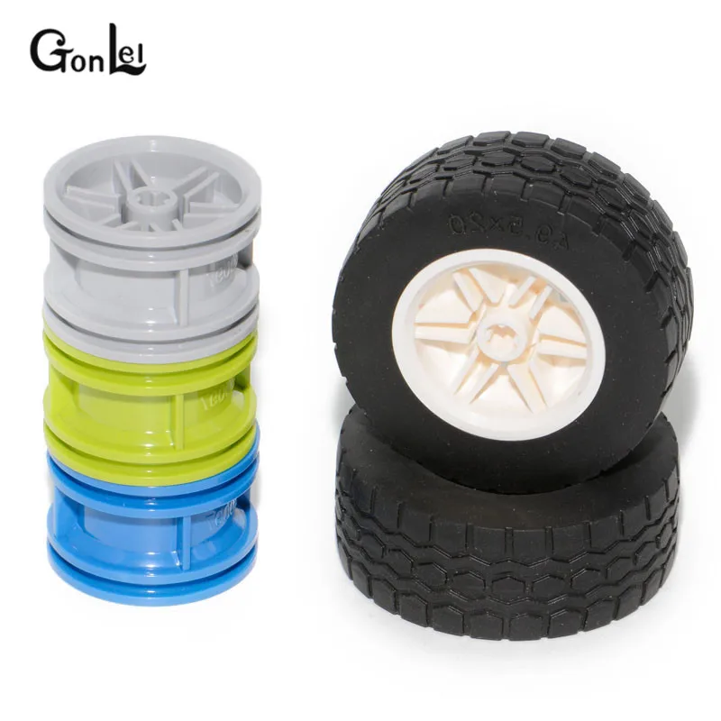 

Technic Parts 4Pcs = 2Pcs Tires + 2Pcs Wheel Hub Accessories Building Blocks Parts Compatible with 15413+56145 Bricks Block Toys